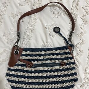 The Sak Navy and Cream Striped Shoulder Bag with Brown Details